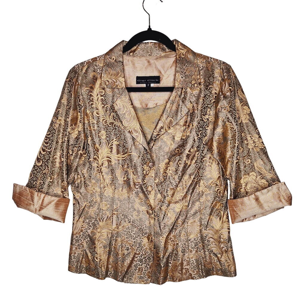 Vintage Gigi Clark Silk Blend Jacquard Gold Silver Top 2 Medium Asian Button Up